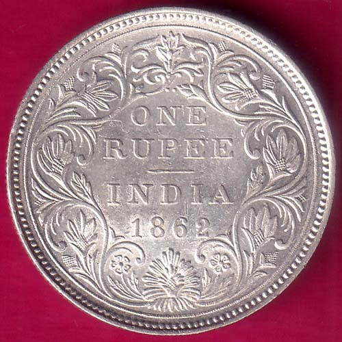 BRITISH INDIA 1862 - 2 dot on top VICTORIA QUEEN ONE RUPEE RARE SILVER COIN :- OO775