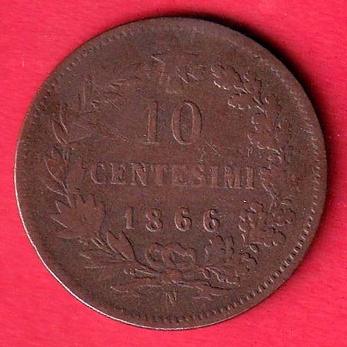 1866 Italy Ten 10 Centesimi - Vittorio Emanuele–OO5349