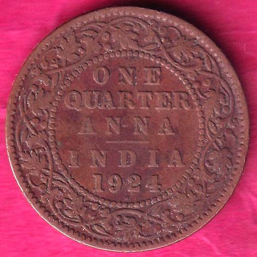 BRITISH INDIA 1924 GEORGE V ONE QUARTER ANNA COPPER COIN- VA828