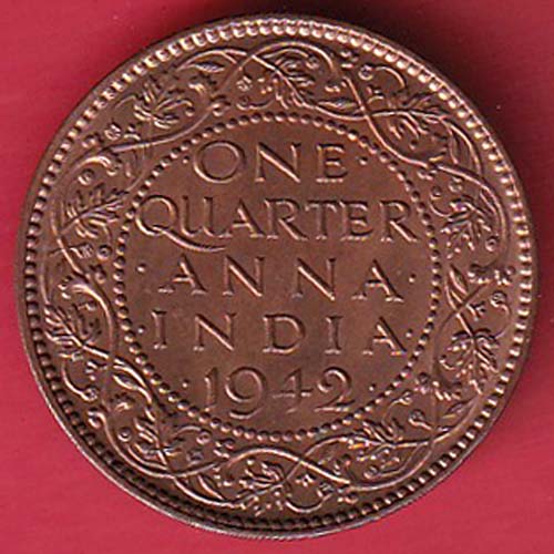 BRITISH INDIA 1942 GEORGE VI ONE QUARTER ANNA –@HUB5427