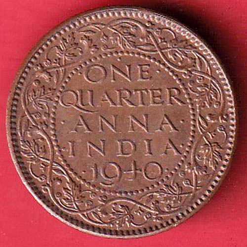 BRITISH INDIA 1940 one quarter anna GEORGE VI COPPER COIN– oo3183