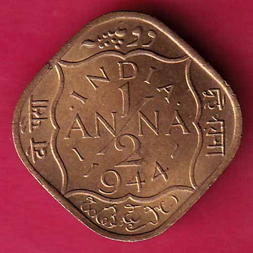BRITISH INDIA 1944 GEORGE VI 1/2 ANNA COIN–@HUB1516