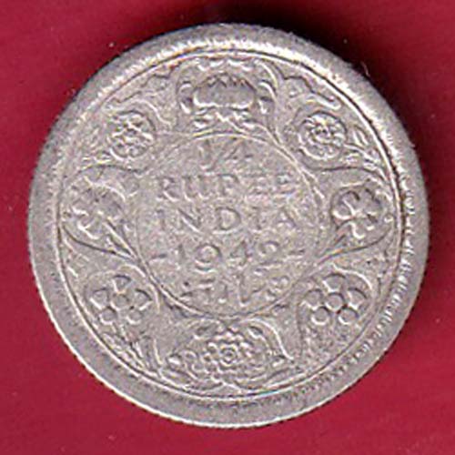 BRITISH INDIA 1942 GEORGE VI 1/4 RUPEE BEAUTIFUL SILVER COIN –OO5332