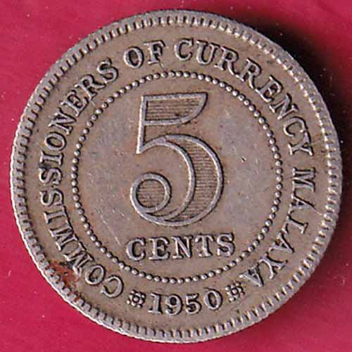 British India 1950 Commissioners of Currancy Malaya The Sixth King George 5 Cents- S2358