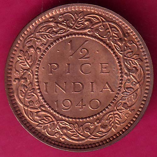 unc BRITISH INDIA 1940 1/2 PICE GEORGE VI COPPER COIN:-@hub4747