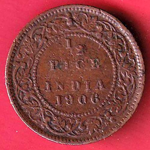 BRITISH INDIA 1906 EDWARD VII 1/2 PICE COPPER COIN –@HUB5607