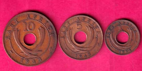 3 coin set:- East Africa 10 Cents 1943/ 5 cents 1943/ one cents 1956 COPPER COIN @HUB5174