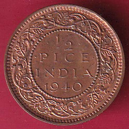 BRITISH INDIA 1940 1/2 PICE GEORGE VI COPPER COIN :-@hub4655