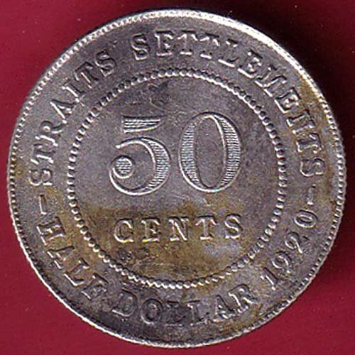 STRAITS SETTLEMENTS 1920 GEORGE V KING AND EMPEROR OF INDIA HALF DOLLAR 50 CENTS  –@HUB4513
