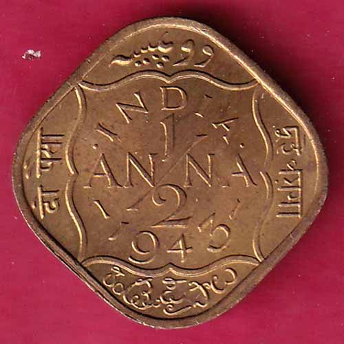 BRITISH INDIA unc 1943 GEORGE VI 1/2 ANNA RARE COIN–@HUB1535