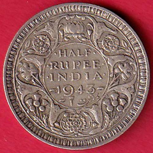 British India 1943 BOMBAY MINT George Vi Half Rupee Rare Silver coin –@HUB5637