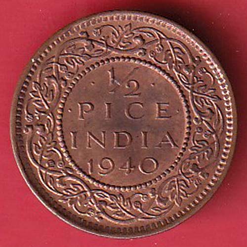 BRITISH INDIA 1940 1/2 PICE GEORGE VI COPPER COIN :- OO2997