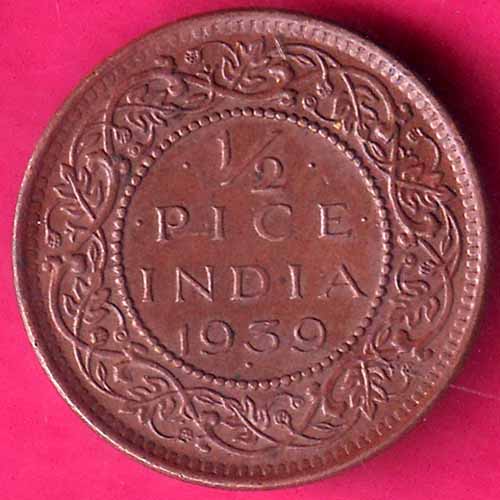 BRITISH INDIA 1939 GEORGRE VI KING 1/2 PICE COPPER COIN–@HUB5945