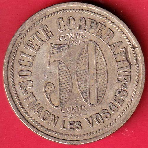 SCARE: Francia BON POUR CINQUANTE FRANCS 1951 50 CONTR SOCIETE COOPERATIVE THAON LES VOSGEL –@HUB5480