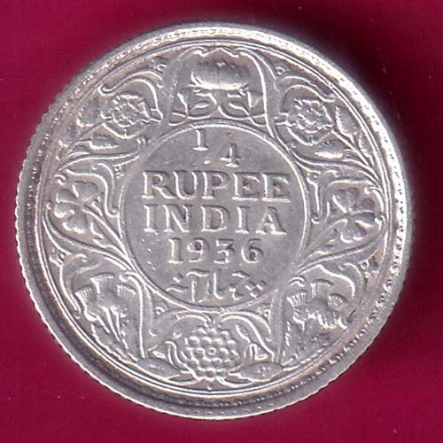 British India BOMBAY MINT 1936 George V 1/4 Rupee Silver coin :- OO1636