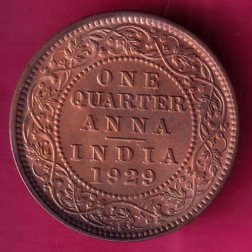 UNC BRITISH INDIA 1929 GEORGE V ONE QUARTER ANNA COPPER COIN :- OO1259