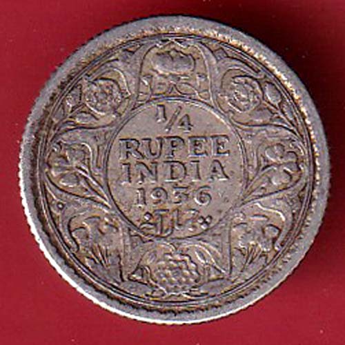 british india 1936  george v 1/4 rupee silver coin :- oo4083