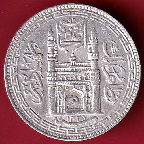 Hyderabad State Ah 1324 “MIM in Doorway” One Rupee silver coin -OO3265