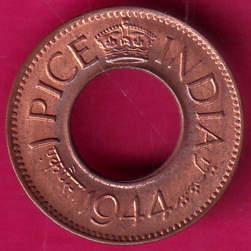 UNC british india king george vi 1944 one pice copper coin :- OO1669