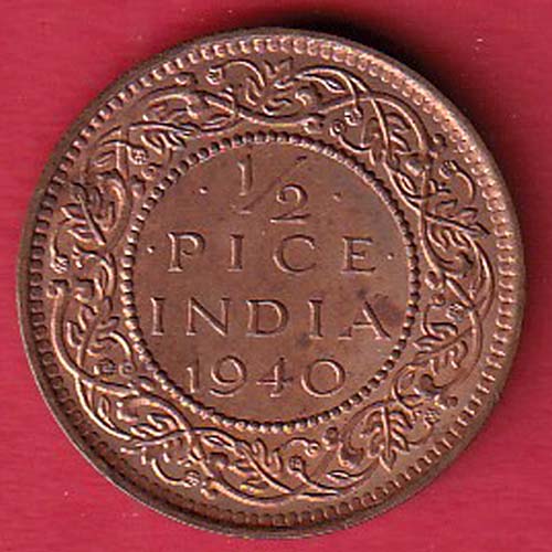 BRITISH INDIA 1940 1/2 PICE GEORGE VI COPPER COIN :- OO3037
