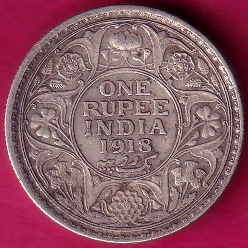British India 1918 Bombay Mint George v One Rupee silver coin–@HUB3578