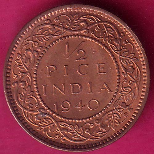 1940 UNC 1/2 PICE GEORGE VI COPPER COIN –@HUB3096