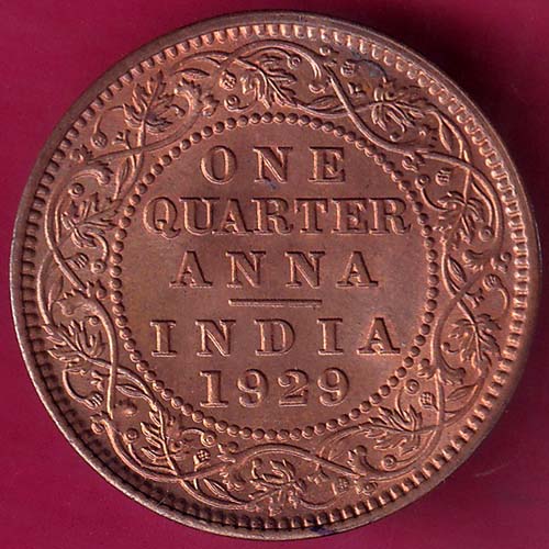 UNC BRITISH INDIA 1929 GEORGE V KING EMPEROR ONE QUARTER ANNA  –@HUB2681