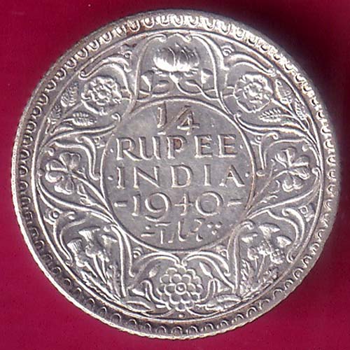 BRITISH INDIA 1940  GEORGE VI BOMBAY MINT 1/4 RUPEE SILVER COIN –@HUB3659