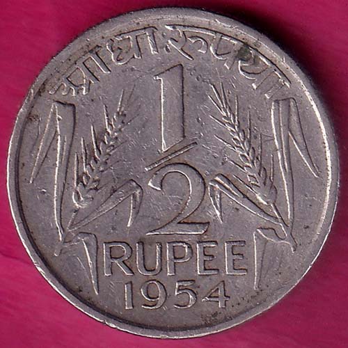 GORNMENT OF INDIA 1/2 RUPEE 1954 –@HUB3580