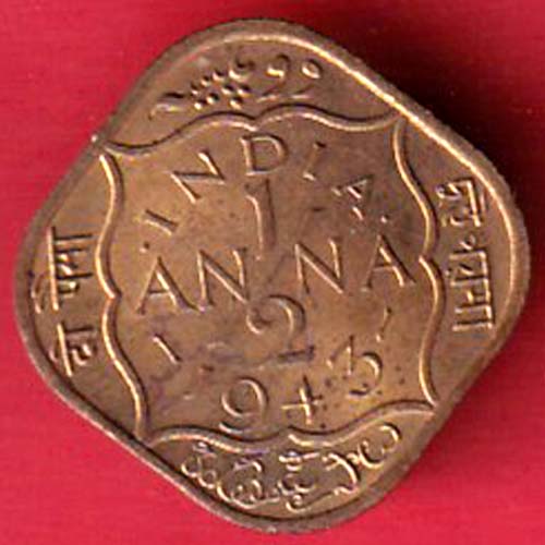 BRITISH INDIA 1943 GEORGE VI 1/2 ANNA RARE COIN:-OO3199