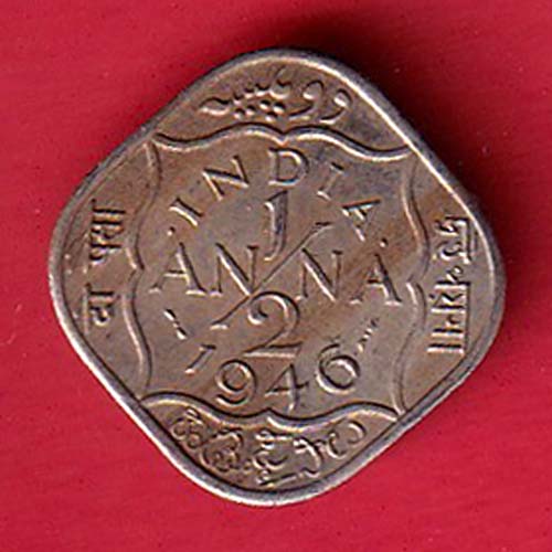 british india 1946 george vi half annas coin:- oo4206