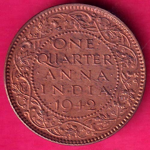 BRITISH INDIA 1942 GEORGE VI ONE QUARTER ANNA@hub5025