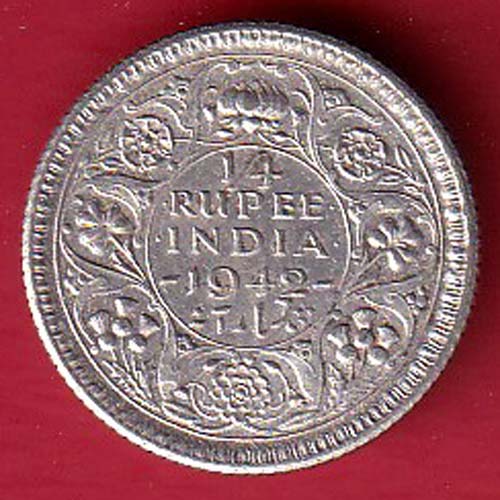 BRITISH INDIA 1942 GEORGE VI 1/4 RUPEE BEAUTIFUL SILVER COIN –@HUB6008