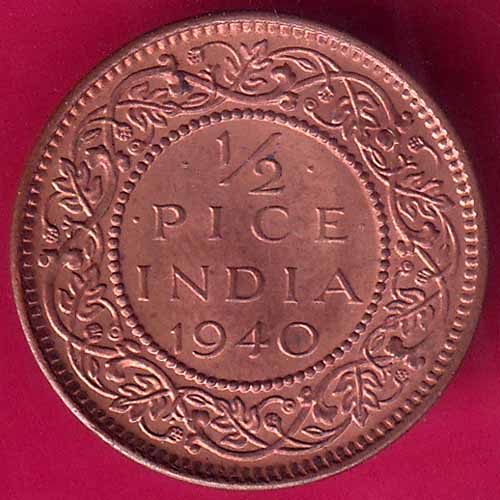 BRITISH INDIA 1940 GEORGE VI 1/2 PICE RARE COIN :- OO993