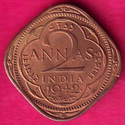 british india 1942 two annas george vi coin –@HUB2500