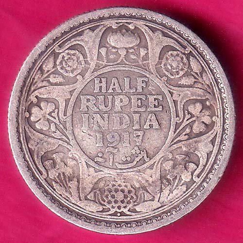BRITISH INDIA 1917 BOMBAY MINT GEORGE V HALF RUPEE BEAUTIFUL SILVER COIN  :- OO1649