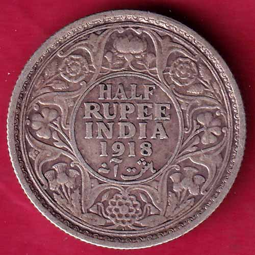 British India 1918 Bombay Mint George v HALF Rupee silver coin –VA81