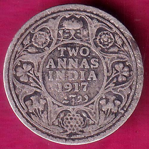 BRITISH INDIA 1917 GEORGE V TWO ANNAS BEAUTIFUL SILVER COIN  :- OO1742
