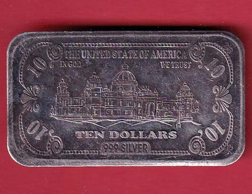 silver bar:-the united states of america ten dollars fine 999 Weight :-7.71 silver bar :- OO3049
