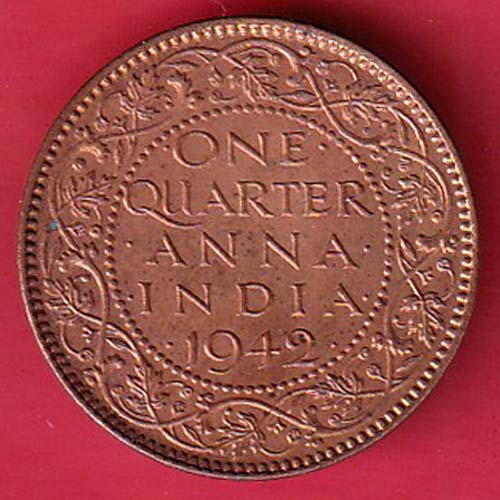 BRITISH INDIA 1942 GEORGE VI ONE QUARTER ANNA-  oo3994