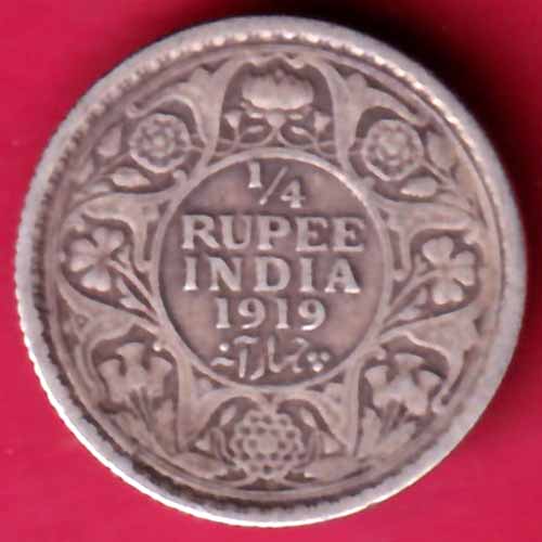 British India 1919 George V 1/4 Rupee Silver Coin - S1572