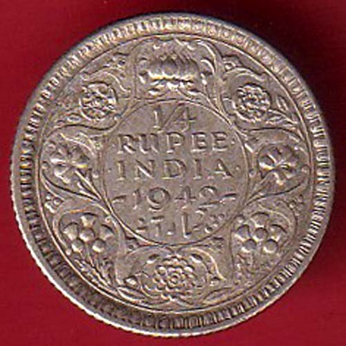 BRITISH INDIA 1942 GEORGE VI 1/4 RUPEE BEAUTIFUL SILVER COIN :- OO3247