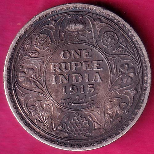 British India 1915 George v One Rupee silver coin –@HUB3587