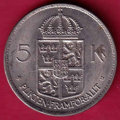 World Coin Sweden Gustaf VI Adolf 5 Kronor  –@HUB2580