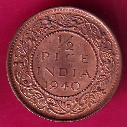 UNC BRITISH INDIA 1940 GEORGE VI 1/2 PICE RARE COIN :- OO1282