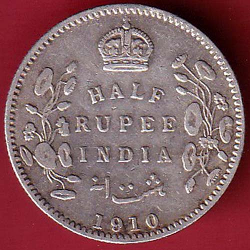 BRITISH INDIA 1910 EDWARD VII KING EMPEROR half RUPEE silver coin oo3490