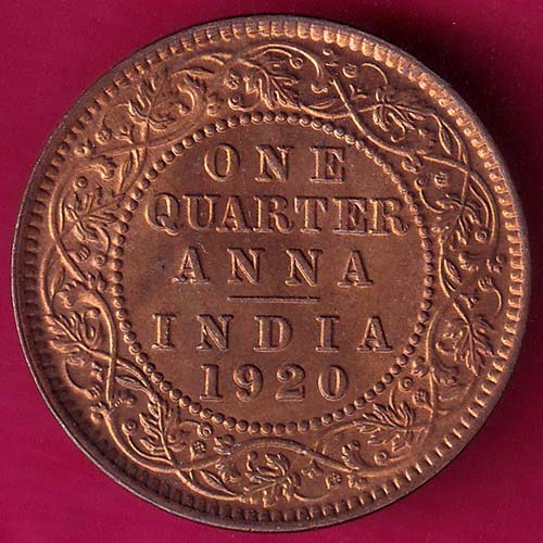 british india 1920 george v one quarter anna copper coin  –@HUB2802