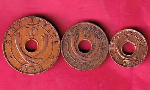 SET:-EAST AFRICA 1942,1943 TEN CENTA,FIVE CENTS,ONE CENTS COINS–@HUB1683