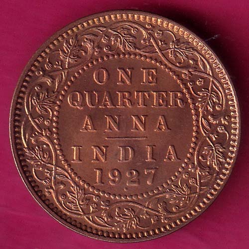 UNC BRITISH INDIA 1927 GEORGE V ONE QUARTER ANNA RARE COIN :- OO1651