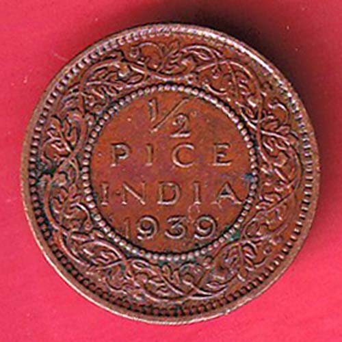 BRITISH INDIA 1939 GEORGRE VI KING 1/2 PICE COPPER COIN – oo4465